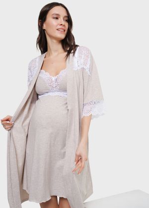 Maternity Nursing Nightdress and Dressing Gown set for Labour "Dolyche"; beige